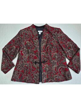 Coldwater Creek Womens 20W Paisley Jacket Burgundy/Black Open Front